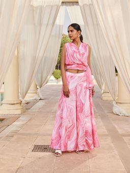 Nikita Vishakha - Pink Belt Printed Top with Palazzo (Set of 2)
