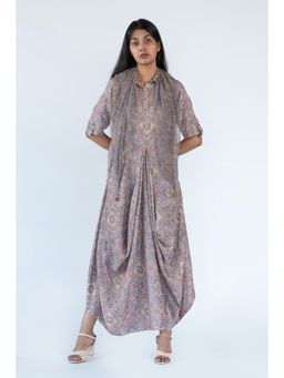 Nikita Vishakha - Grey Floral Print Dress with Scarf (Set of 2)