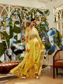 Nikita Vishakha - Yellow Printed Dhoti with Bralette and Cape (Set of 3)
