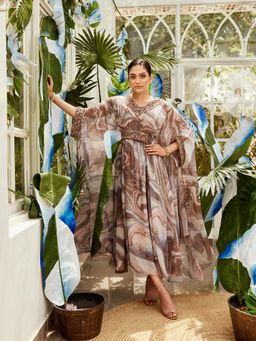 Nikita Vishakha - Brown Embellished Flared Kaftan with Inner (Set of 2)