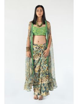 Nikita Vishakha - Green Embellished Halter Cape with Bralette and Skirt (Set of 3)