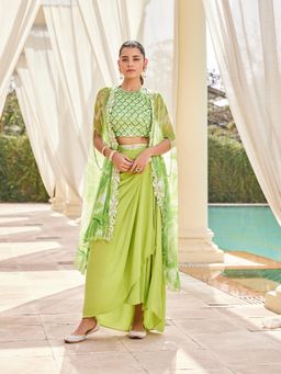 Nikita Vishakha - Green Round Neck Embellished Blouse with Skirt and Jacket (Set of 3)