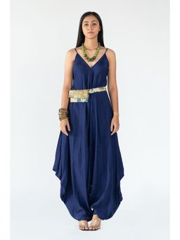 Nikita Vishakha - Navy Blue Embellished Jumpsuit and Belt with Pouch (Set of 2)