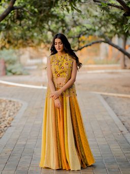 Nikita Vishakha - Yellow Kali Embroidered Blouse with Lehenga and Jacket (Set of 3)