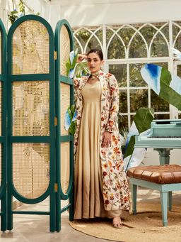 Nikita Vishakha - Raw Silk Floral Embellished Dress with Long Jacket (Set of 2)