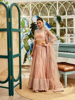 Nikita Vishakha - Peach Mesh Embellished Blouse with Lehenga and Dupatta (Set of 3)