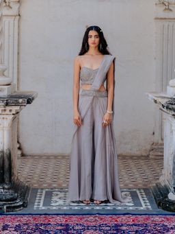 Nikita Vishakha - Grey Micky Embellished Bralette with Palazzo and Drape Dupatta (Set of 3)