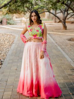 Nikita Vishakha - Pink Patch Embroidered Blouse with Lehenga and Dupatta (Set of 3)