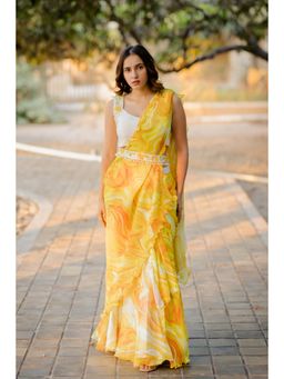 Nikita Vishakha - Yellow Printed Pre-Drape Saree with Stitched Blouse and Belt