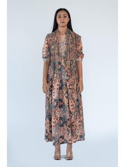 Nikita Vishakha - Multi-Coloured Floral Print Dress with Scarf (Set of 2)