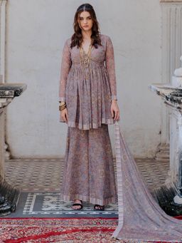 Nikita Vishakha - Grey Printed Peplum Kurti with Sharara and Dupatta (Set of 3)