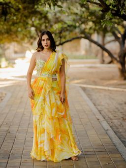 Nikita Vishakha - Yellow Printed Pre-Drape Saree with Stitched Blouse and Belt