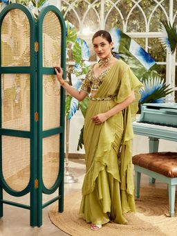 Nikita Vishakha - Olive Ruffle Embellished Saree with Stitched Blouse and Belt