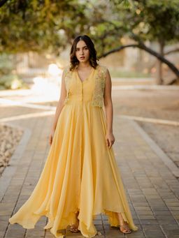 Nikita Vishakha - Yellow Embroidered Dress with Jacket (Set of 2)