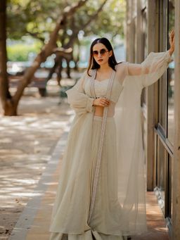 Nikita Vishakha - Grey Sleeve Embellished Blouse with Lehenga and Jacket (Set of 3)