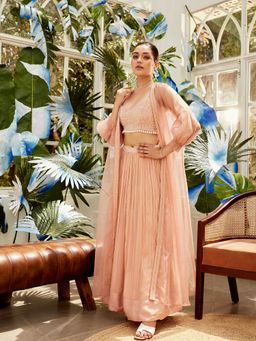 Nikita Vishakha - Peach Sleeve Embellished Blouse with Lehenga and Jacket (Set of 3)