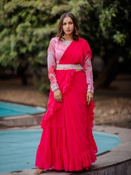 Nikita Vishakha - Dark Pink Pre-Drape Saree with Stitched Blouse and Belt