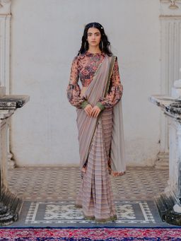 Nikita Vishakha - Multi-Color Printed Stripes Saree with Stitched Blouse