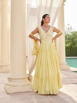 Nikita Vishakha - Yellow Tiered Dress with Dupatta (Set of 2)