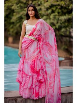Nikita Vishakha - Pink Tiered Pre-Drape Saree with Stitched Blouse and Belt
