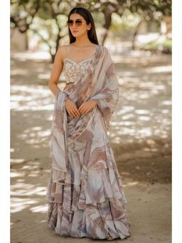 Nikita Vishakha - Grey Tiered Pre-Drape Saree with Stitched Blouse