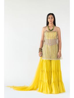 Nikita Vishakha - Yellow Embellished Tiered Sharara with Bralette Kurta and Dupatta (Set of 4)