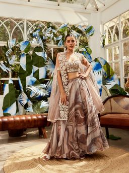 Nikita Vishakha - Brown Ub Embellished Blouse with Lehenga and Jacket (Set of 3)