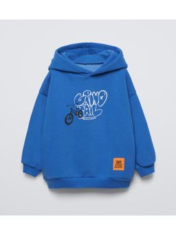 Alan Jones - Blue Cotton Front and Back Graphic Print Kids Oversize Hoodie