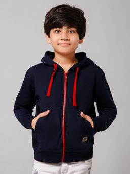 Alan Jones - Navy Blue Boys Cotton Solid Zipper Hooded Jacket