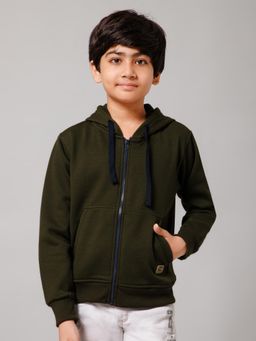 Alan Jones - Olive Boys Cotton Solid Zipper Hooded Jacket