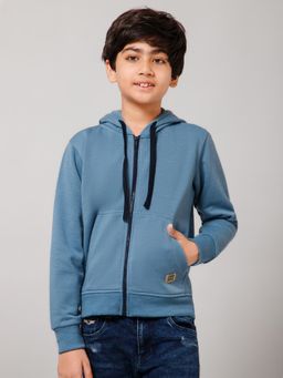 Alan Jones - Persian Blue Boys Cotton Solid Zipper Hooded Jacket