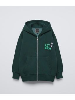 Alan Jones - Teal Boys Cotton Front and Back Print Zipper Oversize Hooded Jacket