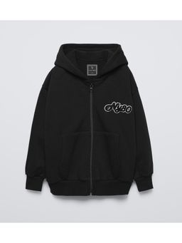 Alan Jones - Black Boys Cotton Placement Print Oversized Hoodie