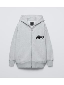 Alan Jones - Grey Boys Cotton Placement Print Oversized Hoodie