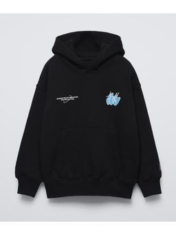 Alan Jones - Black Boys Cotton Placement Print Oversized Hoodie