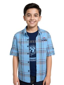 CAVIO - Boys Blue Full Sleeves Checks Shirt with T-Shirt