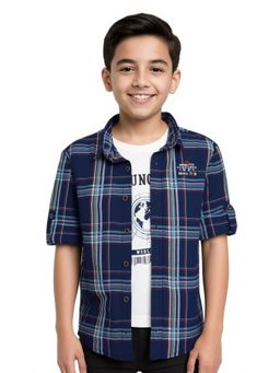 CAVIO - Boys Navy Blue Full Sleeves Checks Shirt with T-Shirt