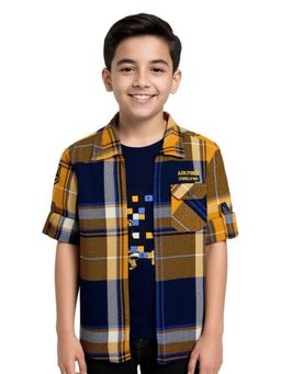 CAVIO - Boys Gold Full Sleeves Checks Shirt with T-Shirt