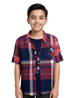 CAVIO - Boys Pink Full Sleeves Checks Shirt with T-Shirt