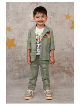 Little Collars - Green Boys Cotton Blazer with Animal Patches Co-Ord Set