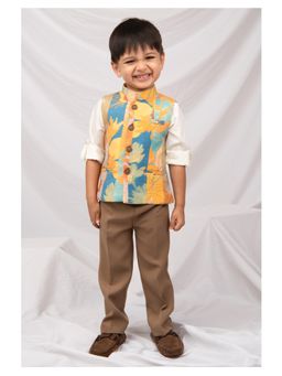 Little Collars - Cream Partywear Printed Nehru Jacket with Shirt and Pant