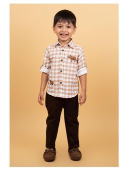 Little Collars - Boys Coffee Muslin Cotton Hand Embroidered Sheep Shirt with Pant and Belt