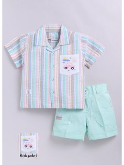 Little Collars - Mint Boys Cotton Seer Sucker Stripes Shirt with Patch Pocket Shorts