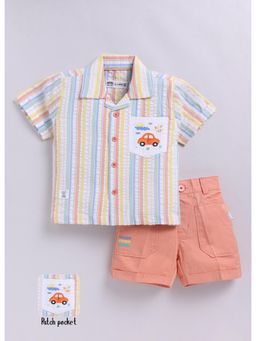 Little Collars - Peach Boys Cotton Seer Sucker Stripes Shirt with Patch Pocket Shorts