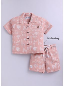Little Collars - Peach Boys Animal Printed Pure Cotton Shirt and Pant