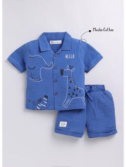Little Collars - Blue Boys Muslin Cotton Animal Printed Shirt with Shorts