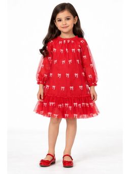 PICCOLO - Red Girls Net Full Sleeves Bow Embroidered Dress