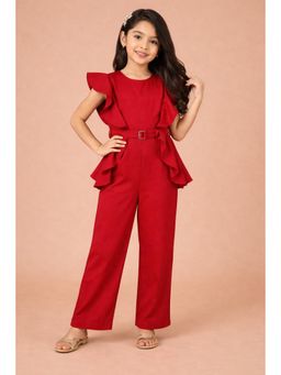 PICCOLO - Red Satin Ruffle Sleeve Belted Jumpsuit