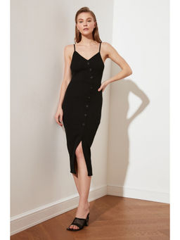 Trendyol - Black Strappy Button Down Midi Dress With Split (L)