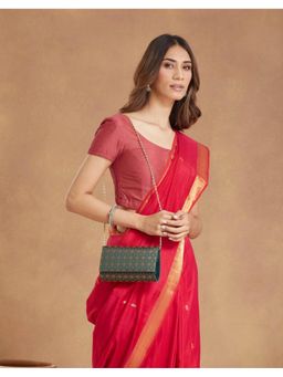 Fabindia - Green Silk Blend Clutch with Detachable Strap (S)